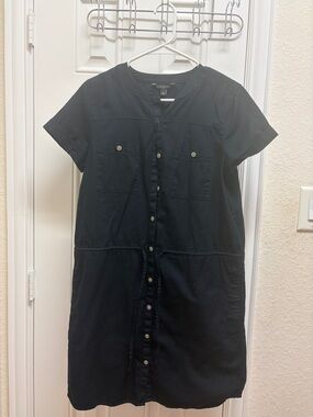 Button-Front Black Short-Sleeve Shirt Dress
